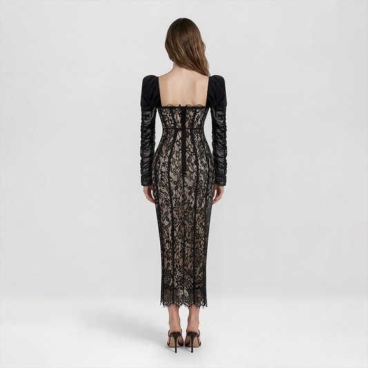 【Party & Event】 Maxi Mermaid Polyester Triacetate Sexy Square Neck Cutout Rhinestone Puff Sleeve Dress - MYTHSIS