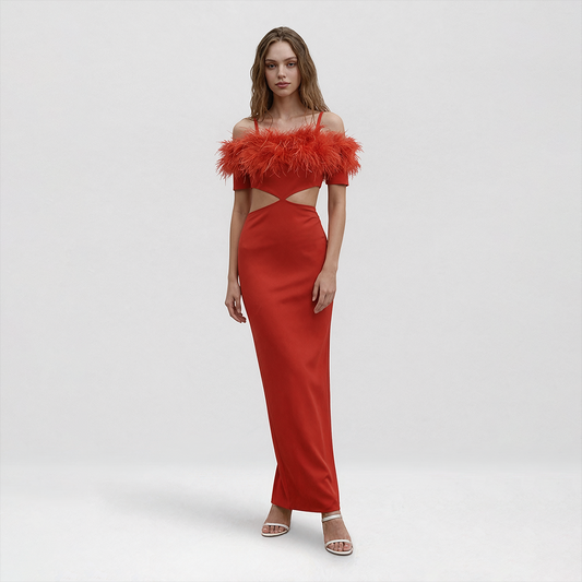 【Party & Event】 Maxi Sheath Polyester Glam Off-Shoulder Feather Spliced Dress - MYTHSIS