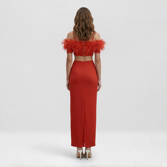 【Party & Event】 Maxi Sheath Polyester Glam Off-Shoulder Feather Spliced Dress - MYTHSIS