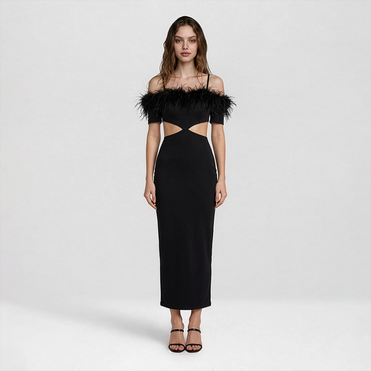 【Party & Event】 Maxi Sheath Polyester Glam Off-Shoulder Feather Spliced Dress - MYTHSIS