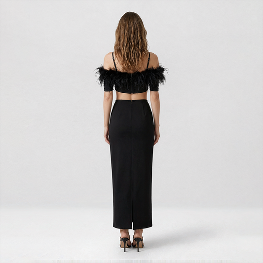 【Party & Event】 Maxi Sheath Polyester Glam Off-Shoulder Feather Spliced Dress - MYTHSIS