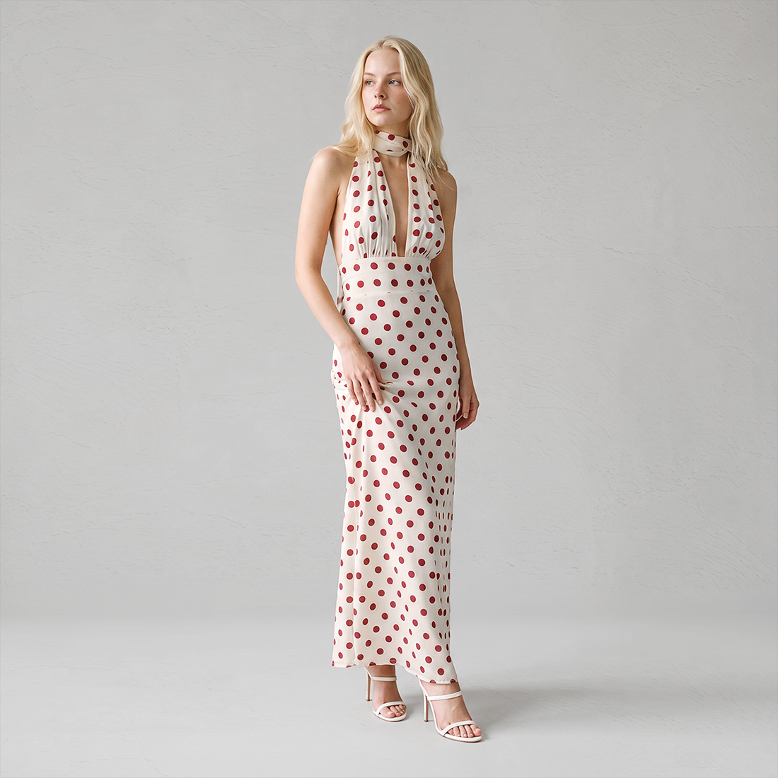【Casual Everyday】 Maxi A-Line Polyester Elegant Spaghetti Strap Tie-Up Backless Polka Dot Dress - MYTHSIS