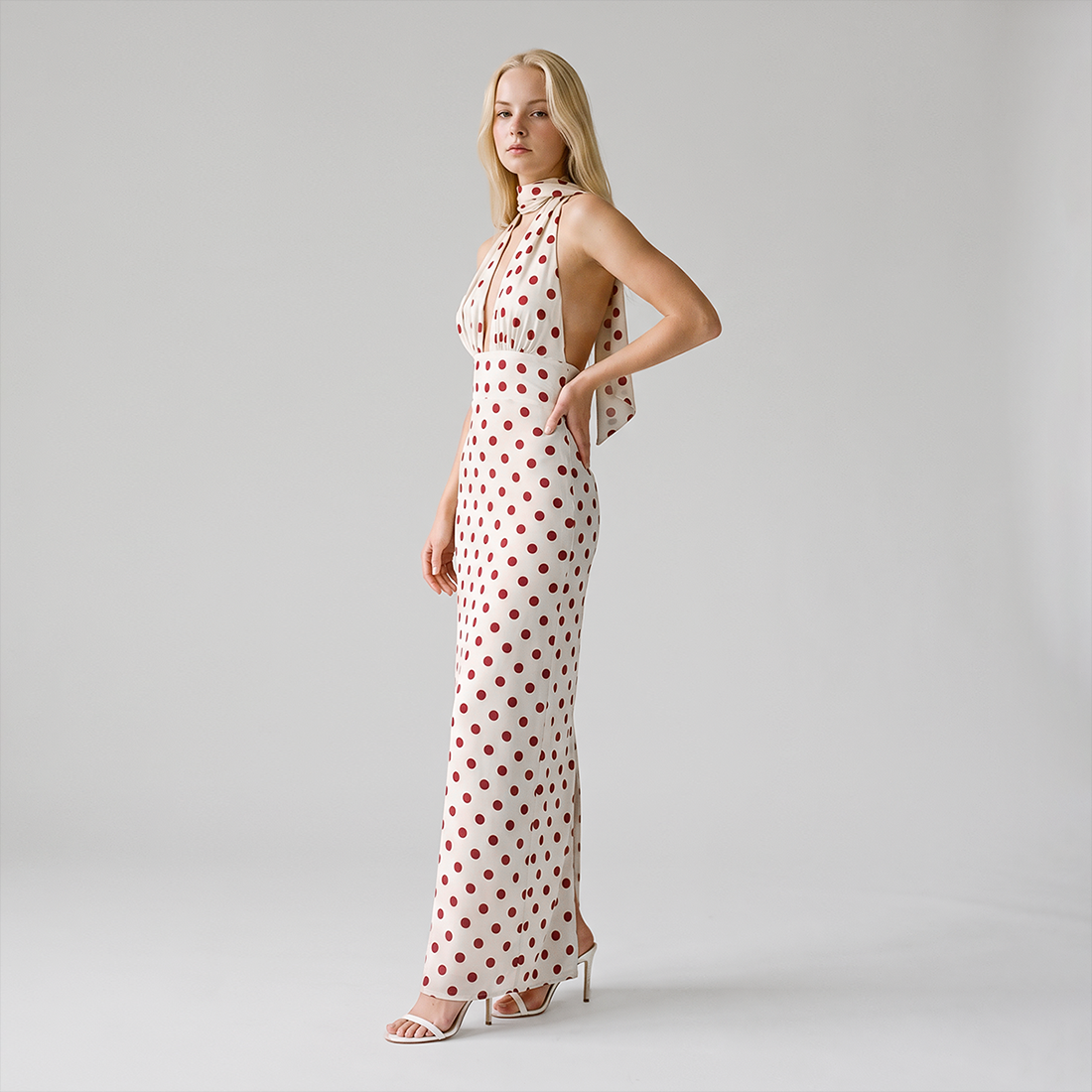 【Casual Everyday】 Maxi A-Line Polyester Elegant Spaghetti Strap Tie-Up Backless Polka Dot Dress - MYTHSIS