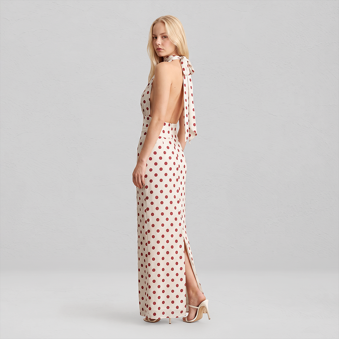 【Casual Everyday】 Maxi A-Line Polyester Elegant Spaghetti Strap Tie-Up Backless Polka Dot Dress - MYTHSIS