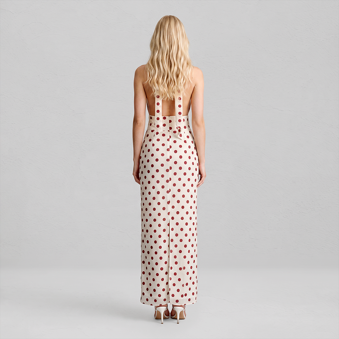 【Casual Everyday】 Maxi A-Line Polyester Elegant Spaghetti Strap Tie-Up Backless Polka Dot Dress - MYTHSIS