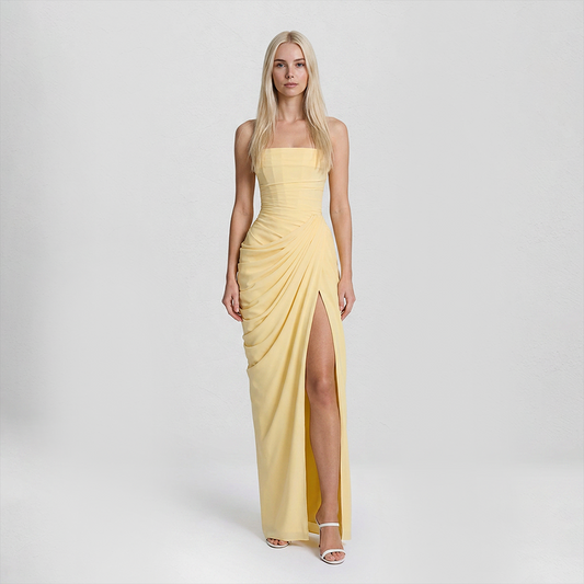 【Formal Evening】 Maxi Bodycon Polyester Chiffon Elegant Off-Shoulder Pleated Backless Slit Dress - MYTHSIS
