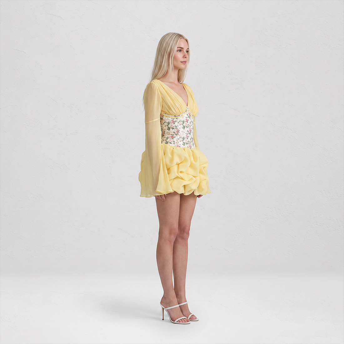 【Party & Event】 Midi Puff Polyester Glam Square Neck Rhinestone Spaghetti Strap Dress - MYTHSIS