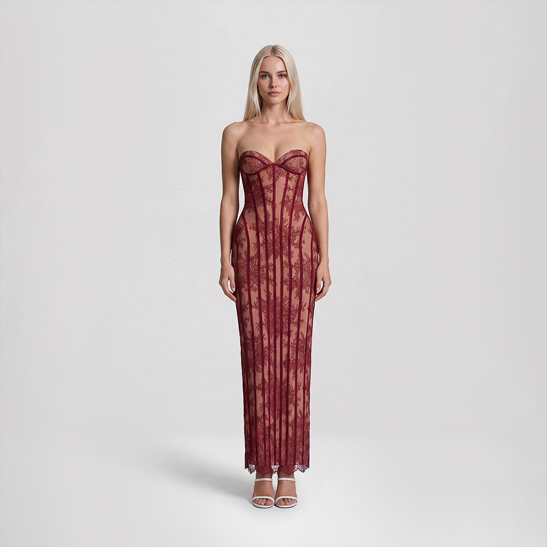 【Party & Event】 Maxi Bodycon Polyester Glam Strapless Lace Spliced Dress - MYTHSIS