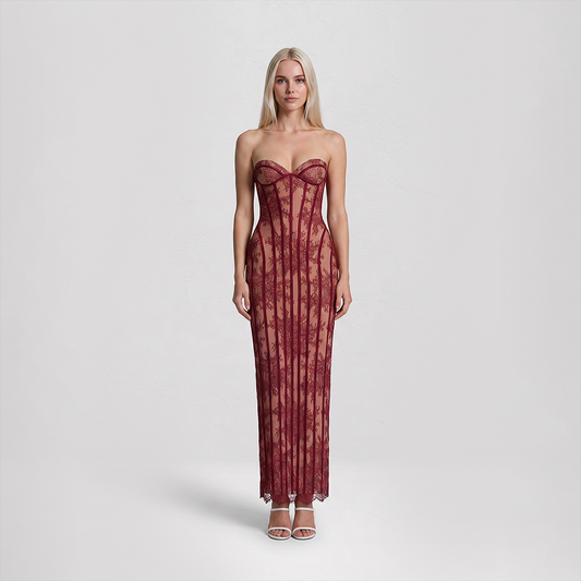 【Party & Event】 Maxi Bodycon Polyester Glam Strapless Lace Spliced Dress - MYTHSIS