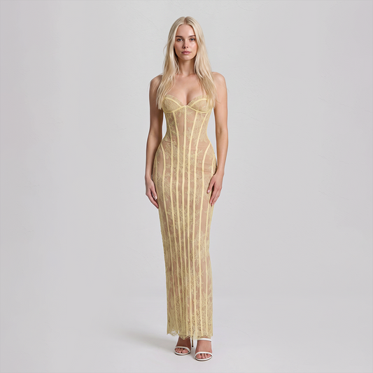 【Party & Event】 Maxi Bodycon Polyester Glam Strapless Lace Spliced Dress - MYTHSIS
