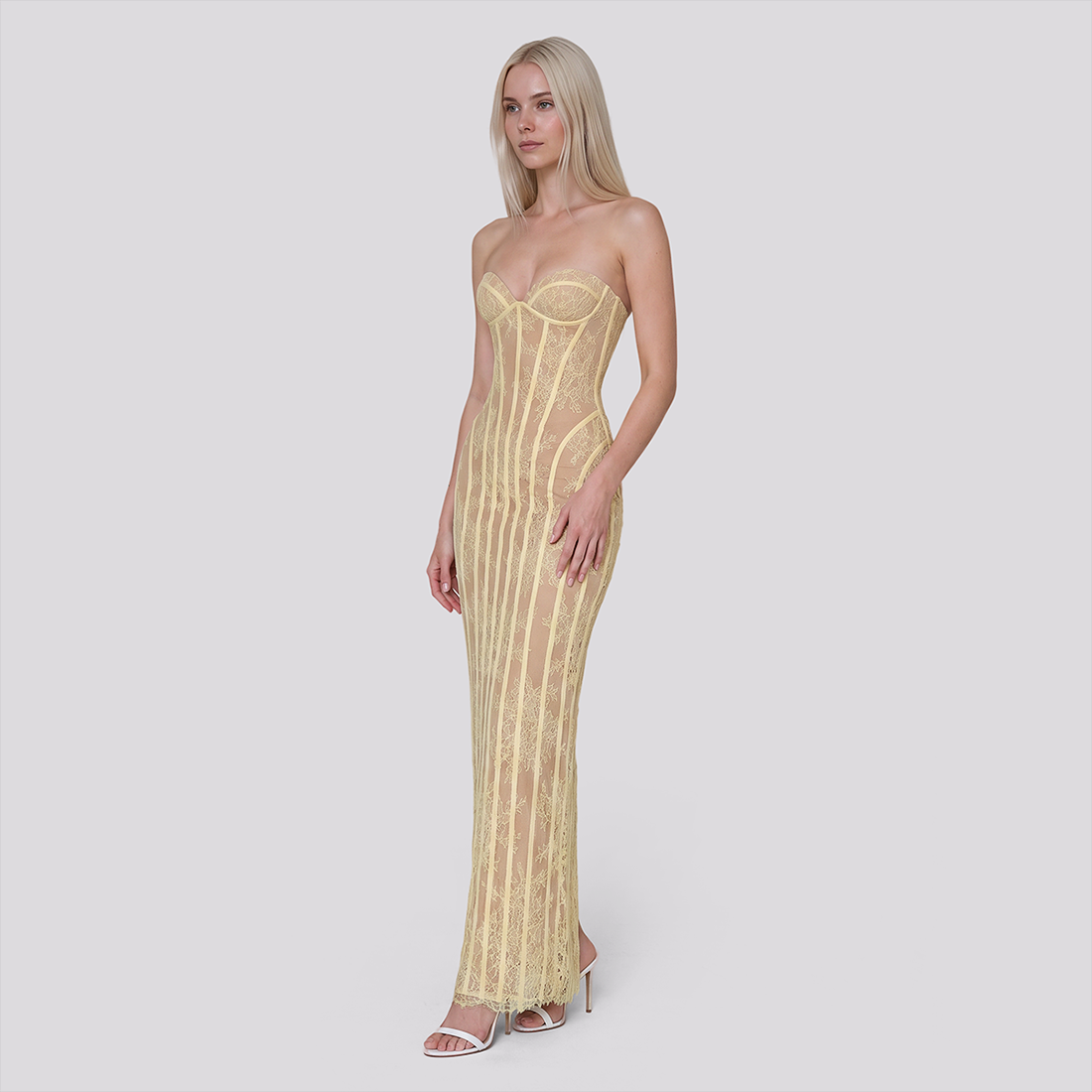 【Party & Event】 Maxi Bodycon Polyester Glam Strapless Lace Spliced Dress - MYTHSIS