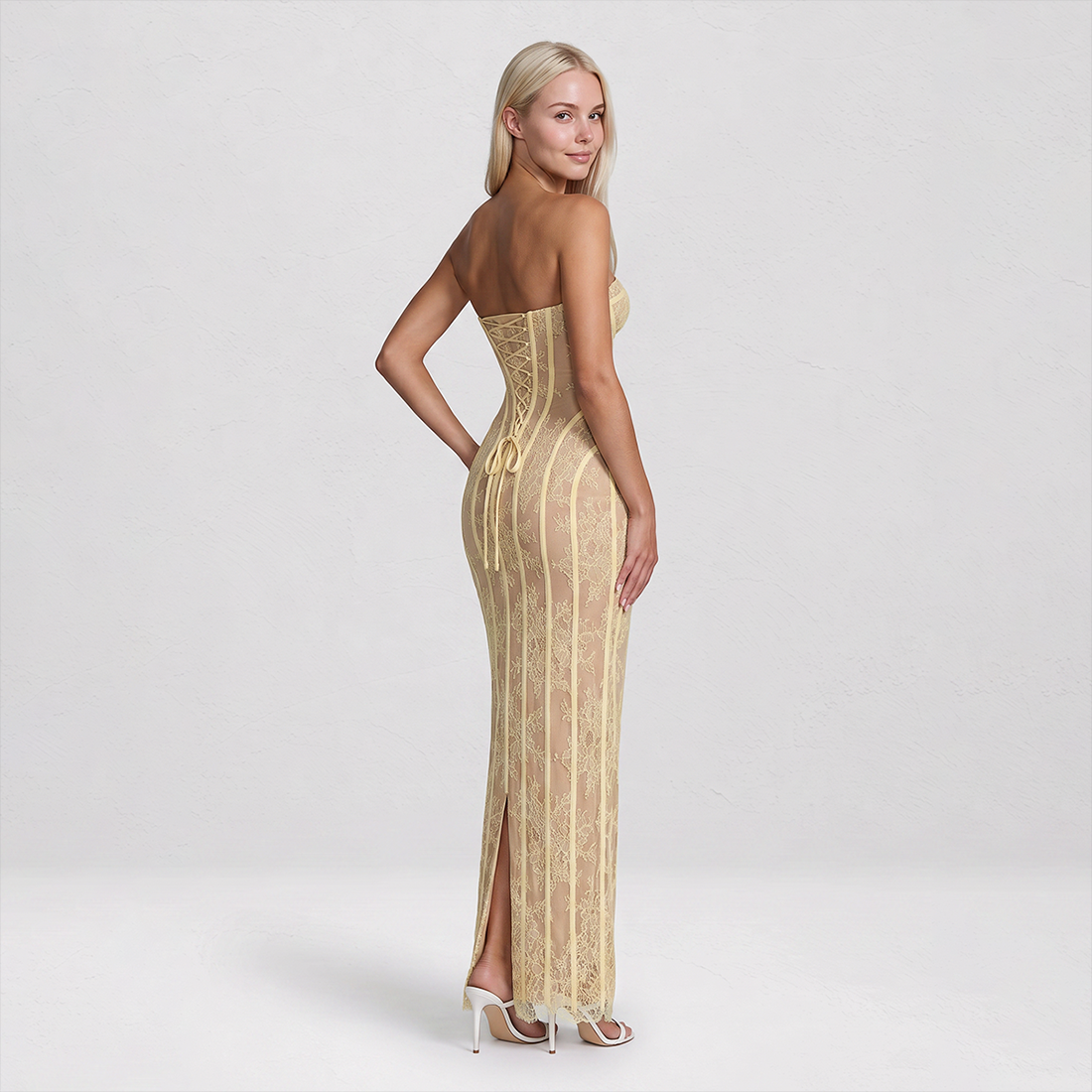 【Party & Event】 Maxi Bodycon Polyester Glam Strapless Lace Spliced Dress - MYTHSIS