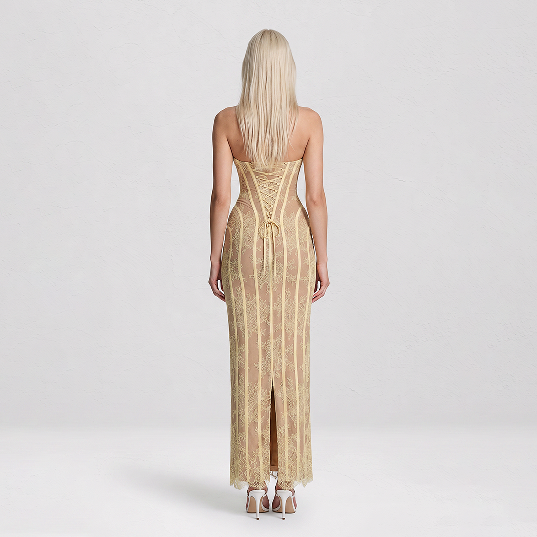 【Party & Event】 Maxi Bodycon Polyester Glam Strapless Lace Spliced Dress - MYTHSIS