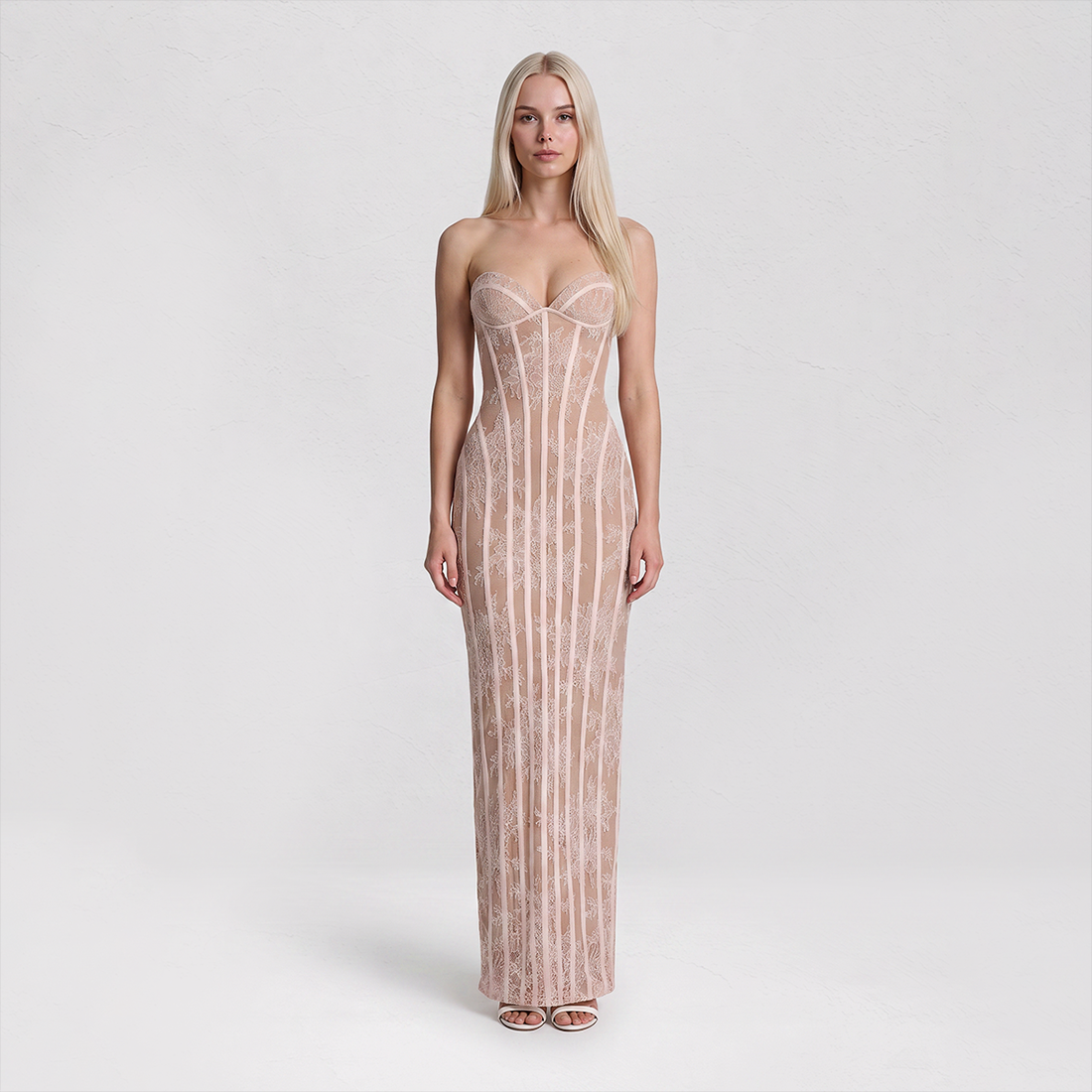 【Party & Event】 Maxi Bodycon Polyester Glam Strapless Lace Spliced Dress - MYTHSIS