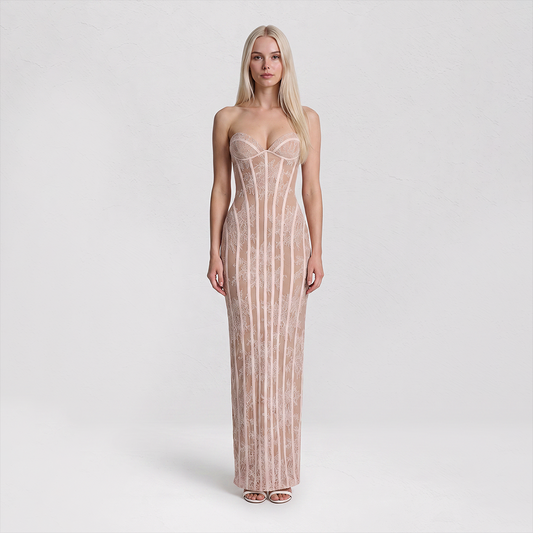 【Party & Event】 Maxi Bodycon Polyester Glam Strapless Lace Spliced Dress - MYTHSIS