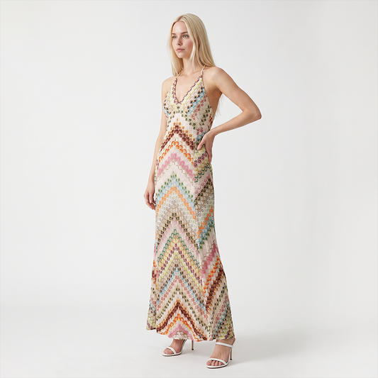 【Vacation】 Maxi Slip Polyester Lace Sexy Spaghetti Strap Crochet Geometric Dress - MYTHSIS