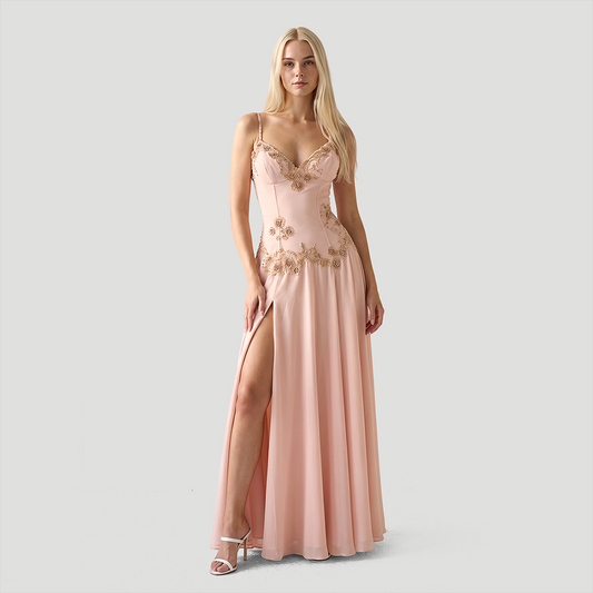 【Wedding Guest】 Maxi Sheath Polyester Sexy Spaghetti Strap Lace Trim Beaded Slit - MYTHSIS