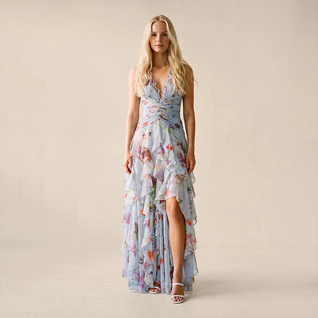 【Wedding Guest】 Maxi Tiered Polyester Chiffon Elegant V-Neck Floral Print Halter - MYTHSIS
