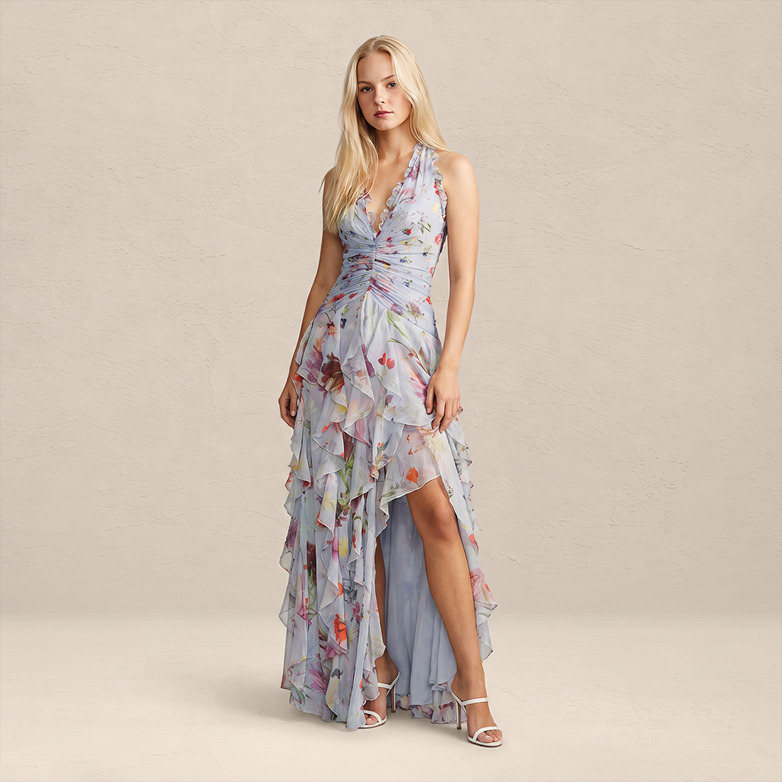 【Wedding Guest】 Maxi Tiered Polyester Chiffon Elegant V-Neck Floral Print Halter - MYTHSIS
