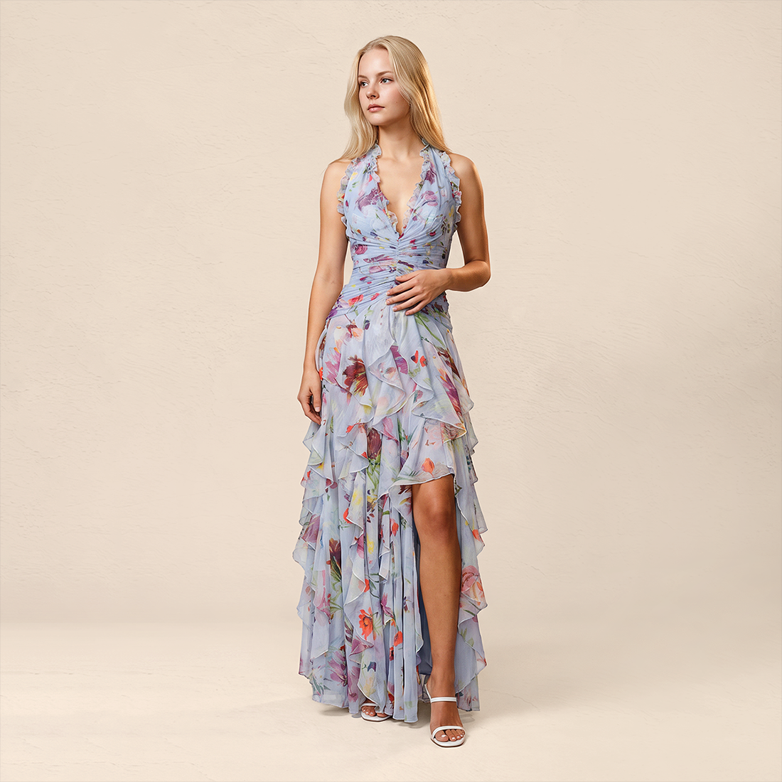 【Wedding Guest】 Maxi Tiered Polyester Chiffon Elegant V-Neck Floral Print Halter - MYTHSIS
