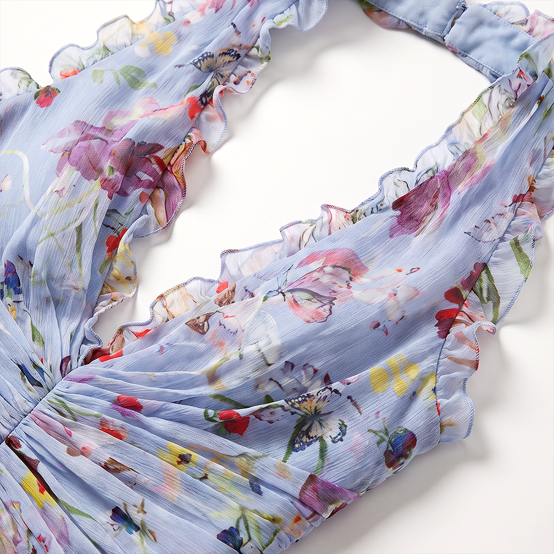 【Wedding Guest】 Maxi Tiered Polyester Chiffon Elegant V-Neck Floral Print Halter - MYTHSIS