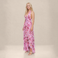【Wedding Guest】 Maxi Tiered Polyester Chiffon Elegant V-Neck Floral Print Halter - MYTHSIS