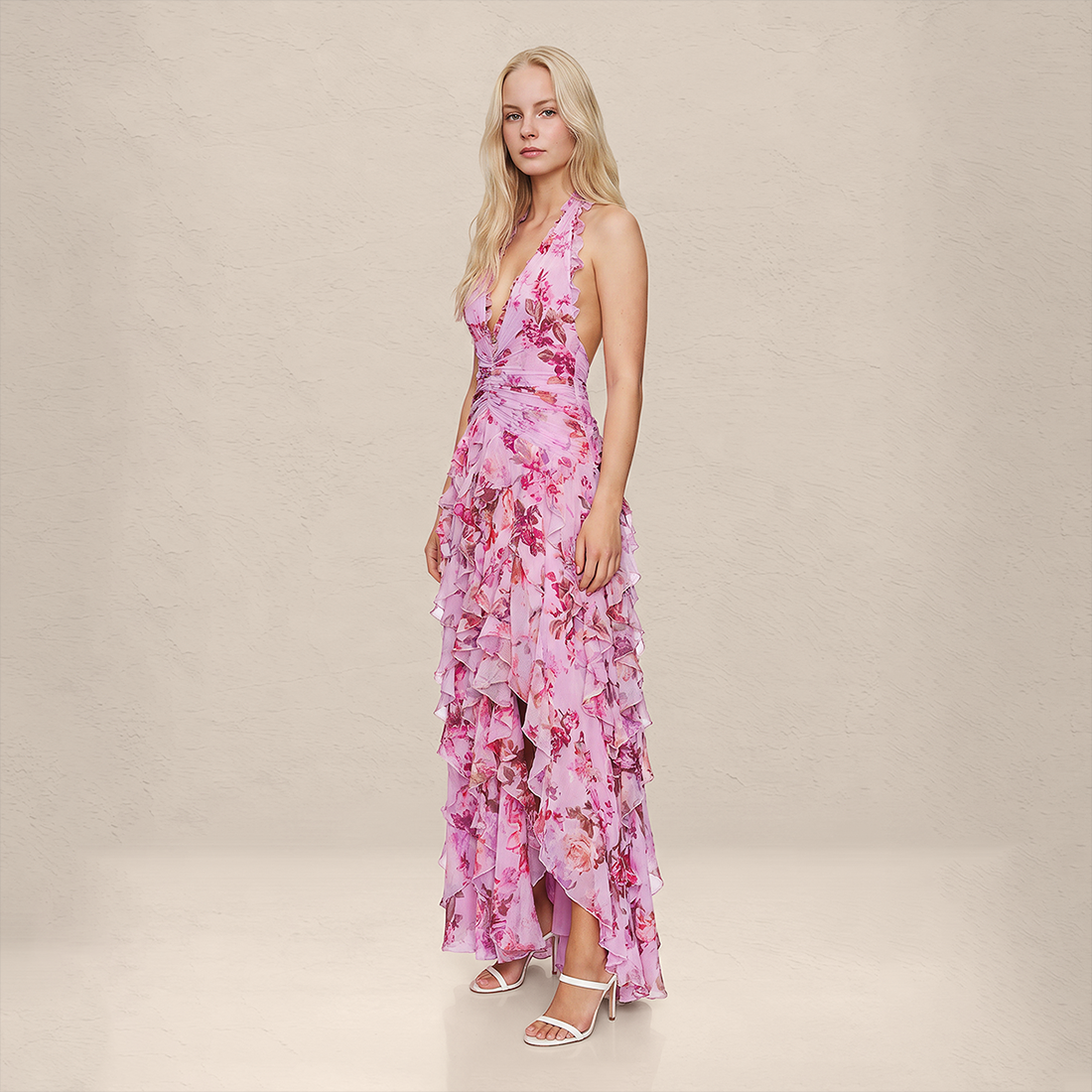 【Wedding Guest】 Maxi Tiered Polyester Chiffon Elegant V-Neck Floral Print Halter - MYTHSIS