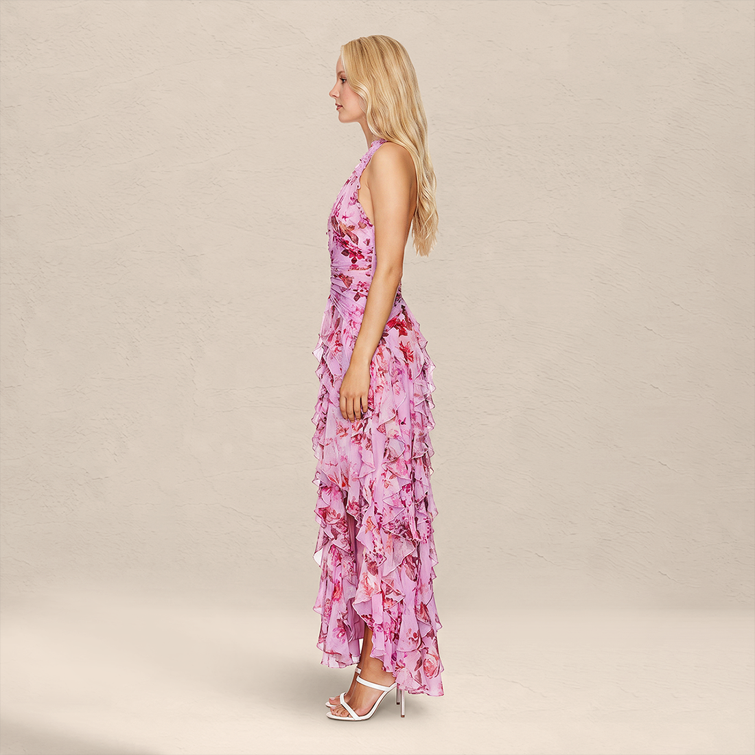 【Wedding Guest】 Maxi Tiered Polyester Chiffon Elegant V-Neck Floral Print Halter - MYTHSIS