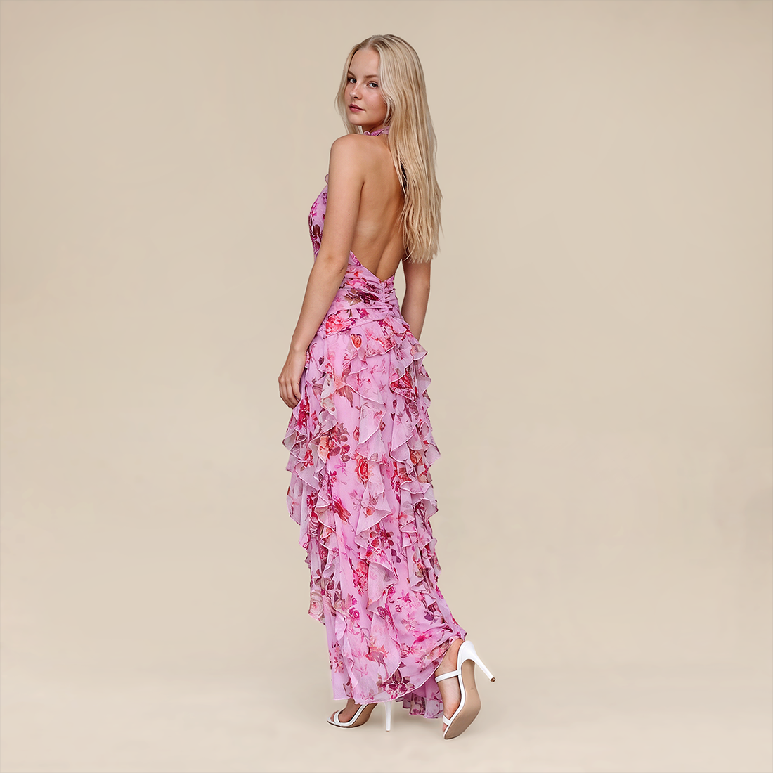【Wedding Guest】 Maxi Tiered Polyester Chiffon Elegant V-Neck Floral Print Halter - MYTHSIS