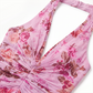 【Wedding Guest】 Maxi Tiered Polyester Chiffon Elegant V-Neck Floral Print Halter - MYTHSIS