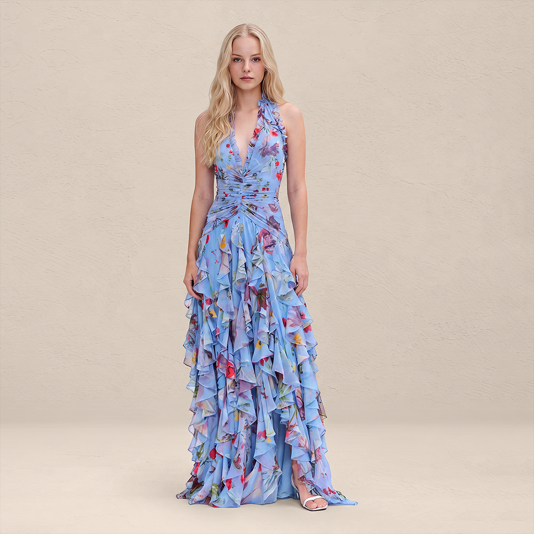 【Wedding Guest】 Maxi Tiered Polyester Chiffon Elegant V-Neck Floral Print Halter - MYTHSIS