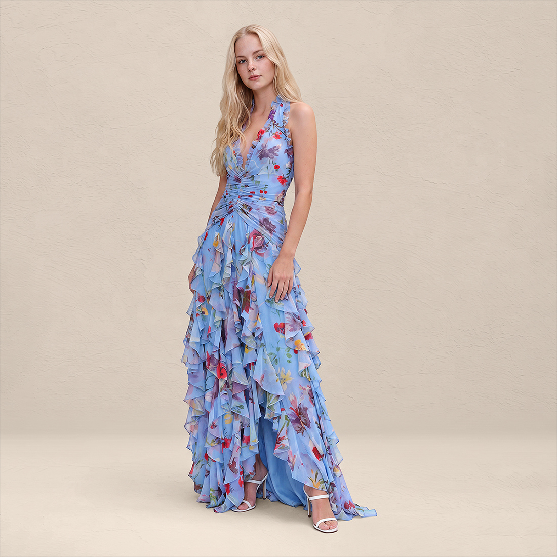 【Wedding Guest】 Maxi Tiered Polyester Chiffon Elegant V-Neck Floral Print Halter - MYTHSIS