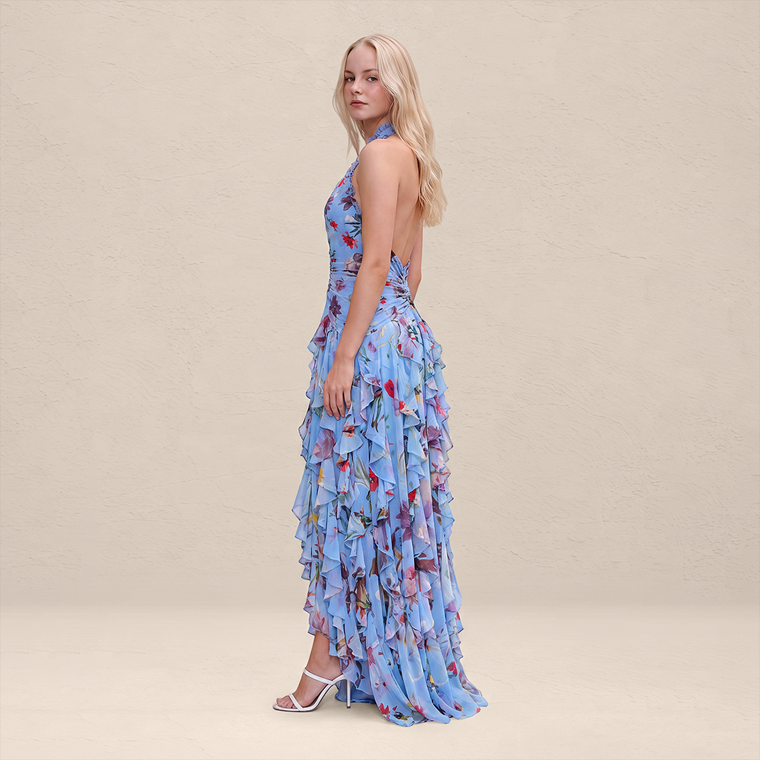 【Wedding Guest】 Maxi Tiered Polyester Chiffon Elegant V-Neck Floral Print Halter - MYTHSIS