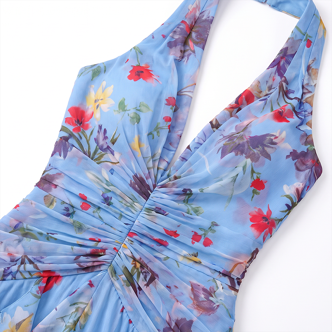 【Wedding Guest】 Maxi Tiered Polyester Chiffon Elegant V-Neck Floral Print Halter - MYTHSIS