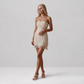 【Wedding Guest】 Mini Sheath Faux Silk Glam Strapless Pearl Fringe Lace Applique - MYTHSIS