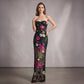 Wholesale Women's Floral Sequin Strapless Maxi Dress – Mesh Panel Evening