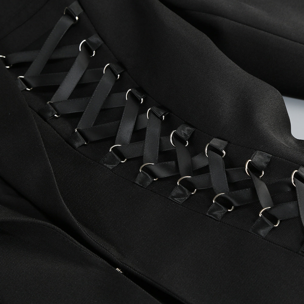 【Party & Event】 Mini Sheath Polyester Sexy Deep V-Neck Cross Tie-Up Blazer Dress - MYTHSIS