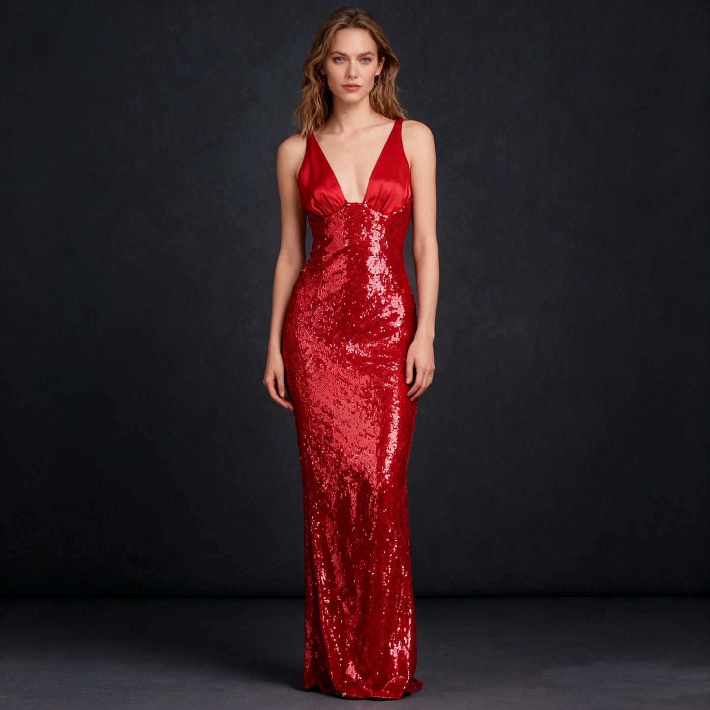 【Party & Event】 Maxi Mermaid Sequin Polyester Sexy V-Neck Satin Spliced Dress - MYTHSIS