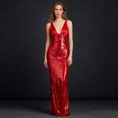 【Party & Event】 Maxi Mermaid Sequin Polyester Sexy V-Neck Satin Spliced Dress - MYTHSIS