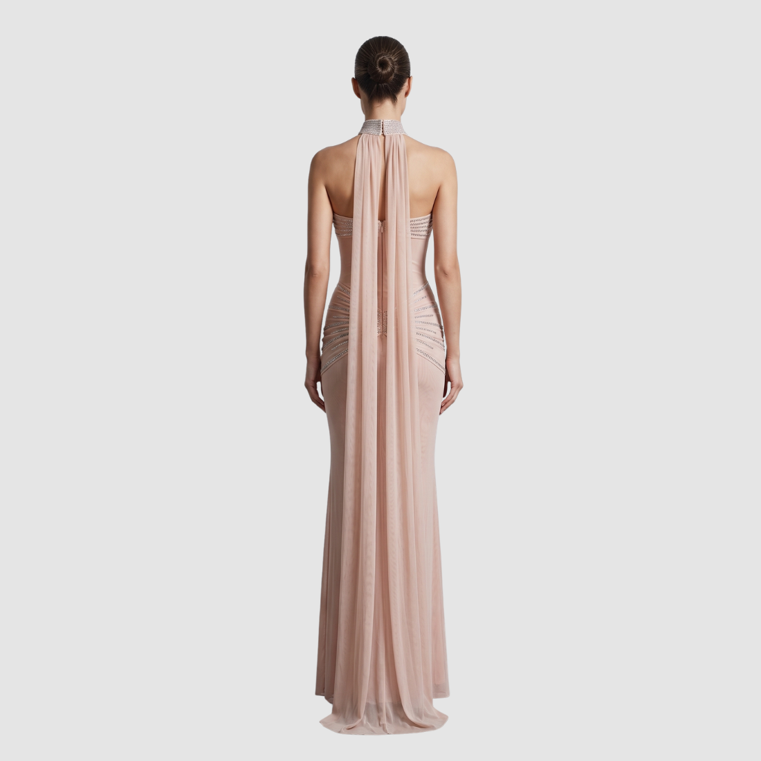Wholesale Women's Rhinestone Halter Mesh Evening Gown
