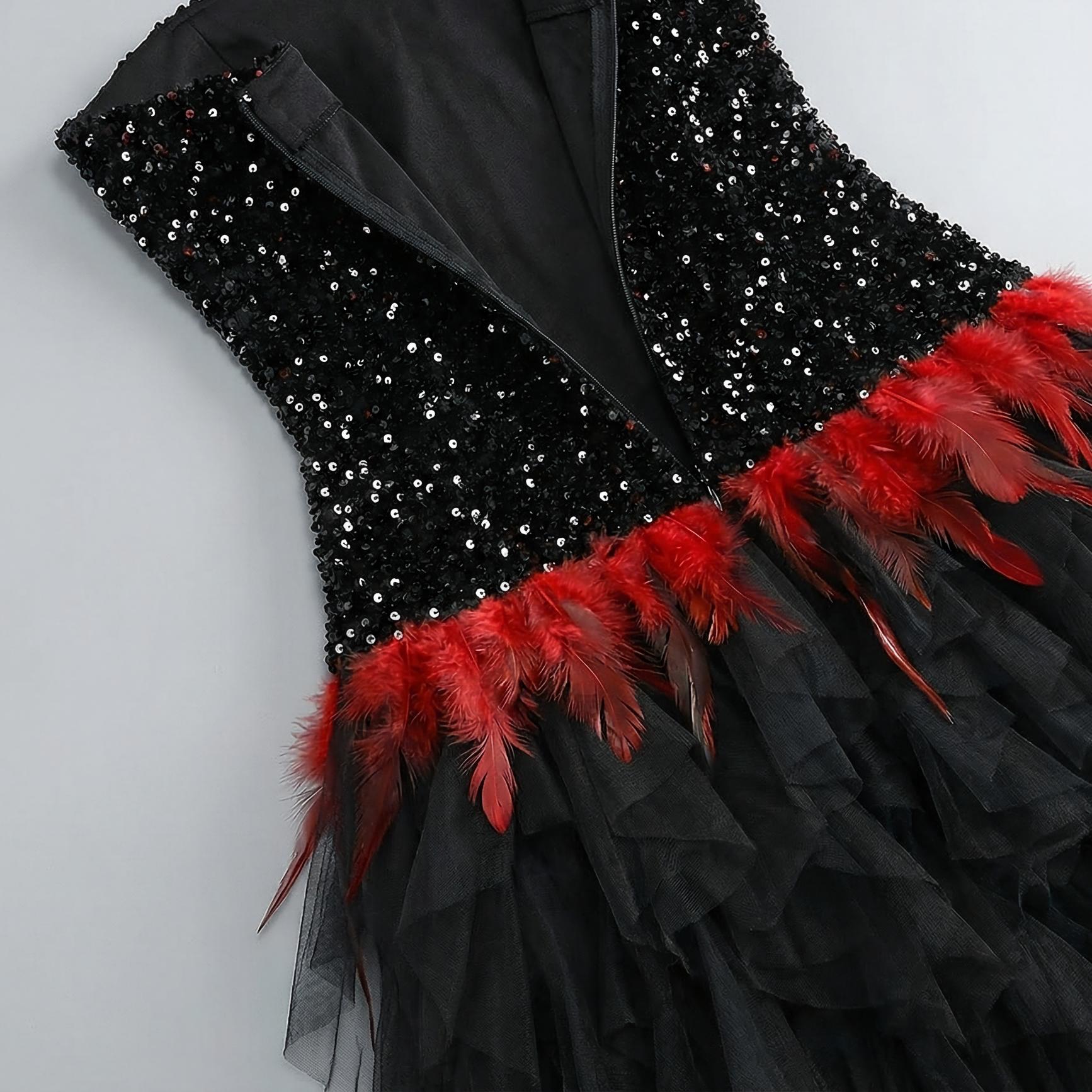 【Party & Event】 Maxi A-Line Sequin Polyester Sexy Strapless Rhinestone Feather Mesh Dress - MYTHSIS