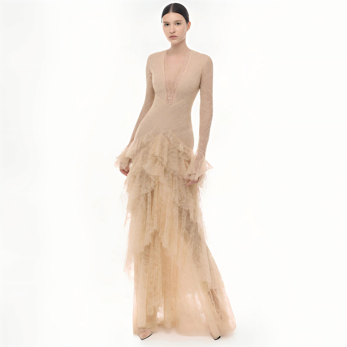 Wholesale Women's French Vintage V-Neck Lace Cake Maxi Dress –  XS Womens Clothing