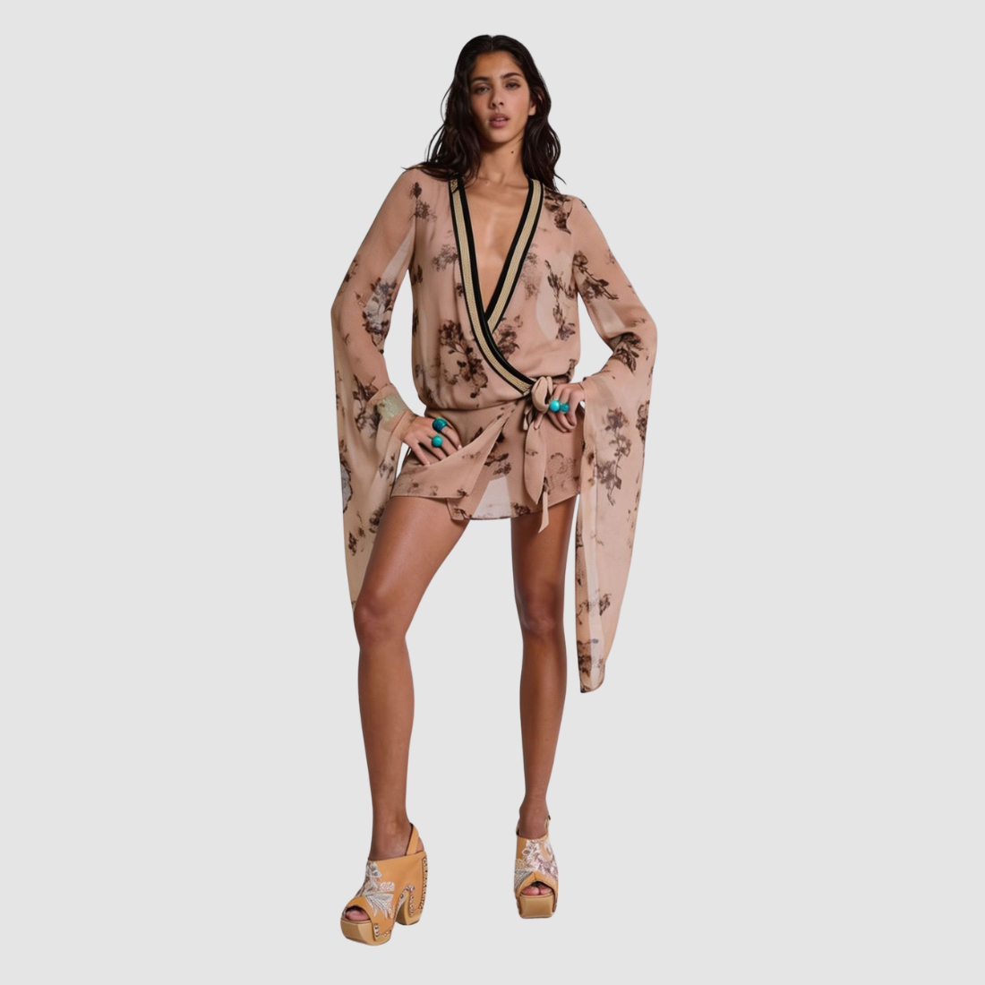 Wholesale Women's Floral Deep V Mini Dress – Tie-Waist Bell-Sleeve Bodycon