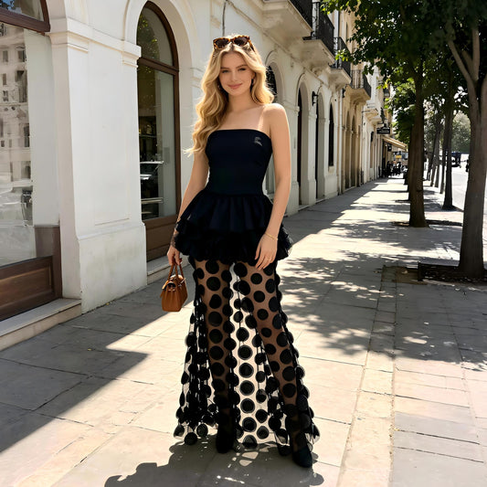Wholesale Women's Off-Shoulder Polka-Dot Mesh Ruffle Maxi Dress