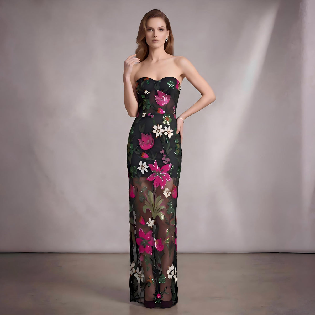 Wholesale Women's Floral Sequin Strapless Maxi Dress – Mesh Panel Evening