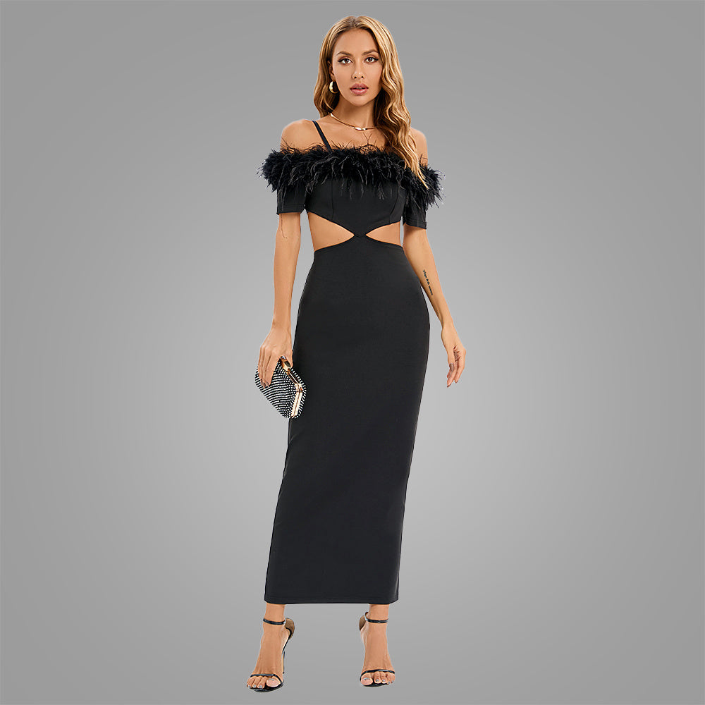 【Party & Event】 Maxi Sheath Polyester Glam Off-Shoulder Feather Spliced Dress - MYTHSIS