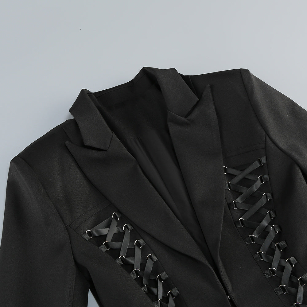 【Party & Event】 Mini Sheath Polyester Sexy Deep V-Neck Cross Tie-Up Blazer Dress - MYTHSIS