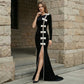 【Party & Event】 Maxi Sheath Velvet Polyester Triacetate Casual Round Neck 3D Flower Bow Slit Dress - MYTHSIS