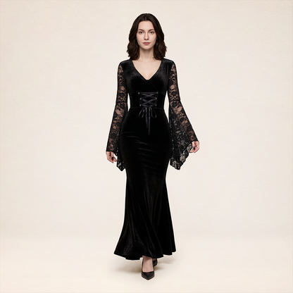 Wholesale Women's Gothic Velvet Lace Bell-Sleeve Long Dress