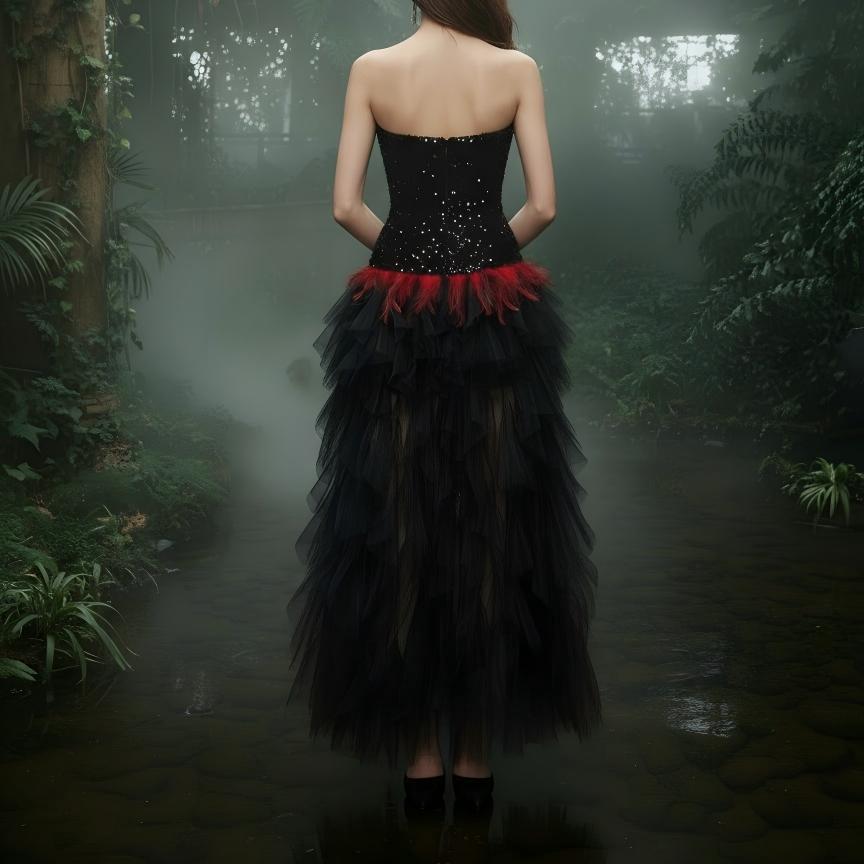 【Party & Event】 Maxi A-Line Sequin Polyester Sexy Strapless Rhinestone Feather Mesh Dress - MYTHSIS
